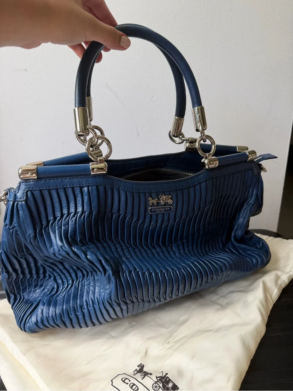 Coach Navy Pleated Leather Satchel with Silver Hardware